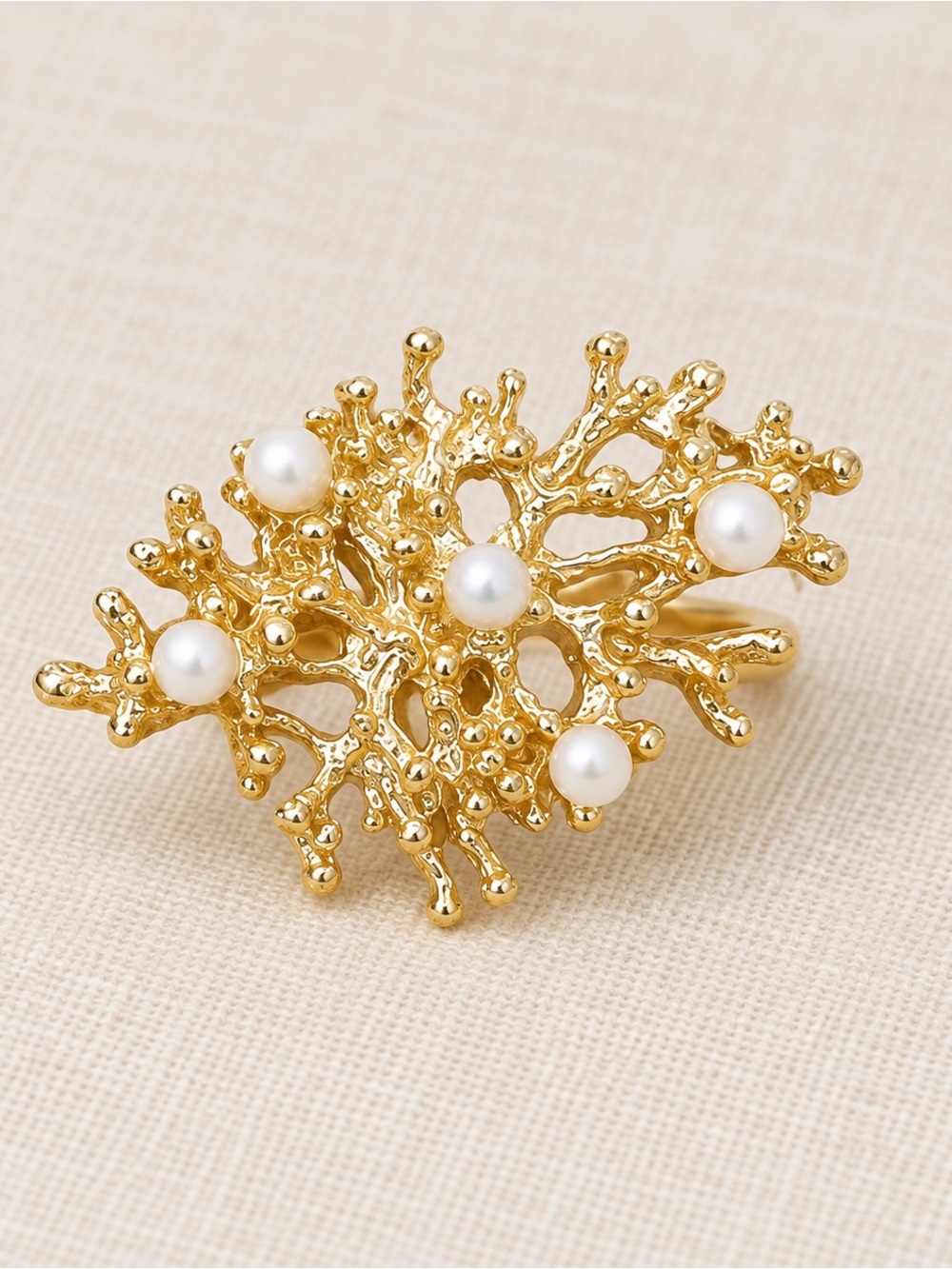 Gold Coral Branch Pearl Ring - Elegant Women's Statement Ring